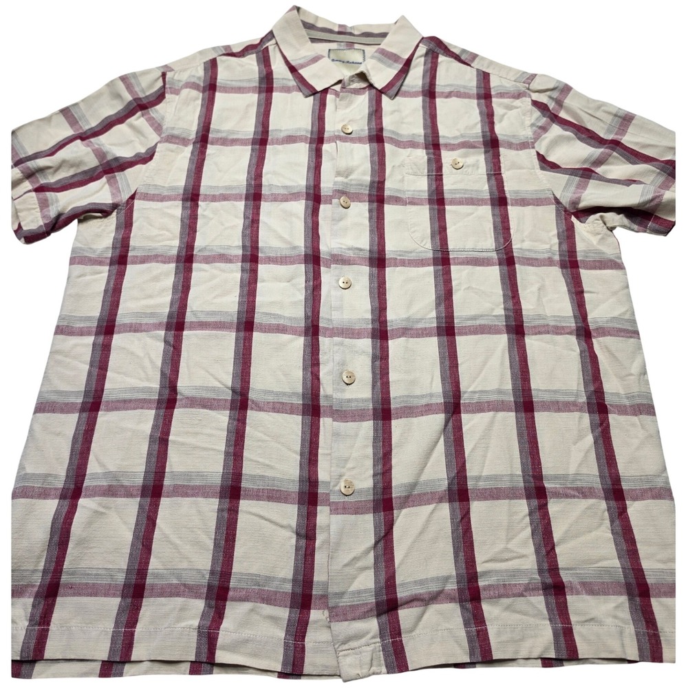 Tommy Bahama Mens XL Silk Short Sleeve Plaid Camp Shirt Burgundy Cream Marlin